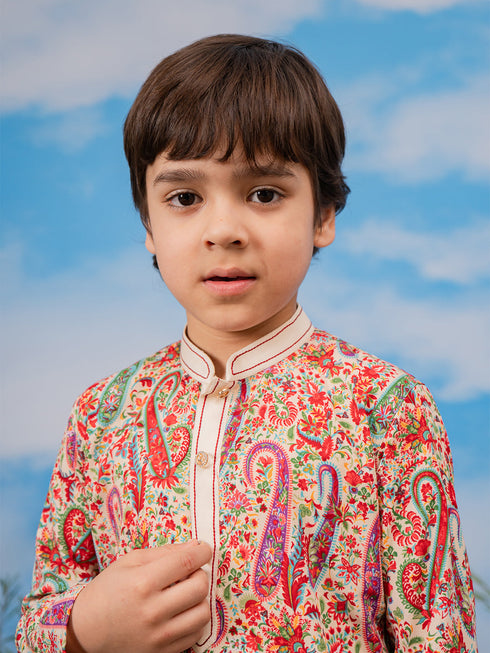 Boy's Cream Crepe Kurta And Pyjama Set
